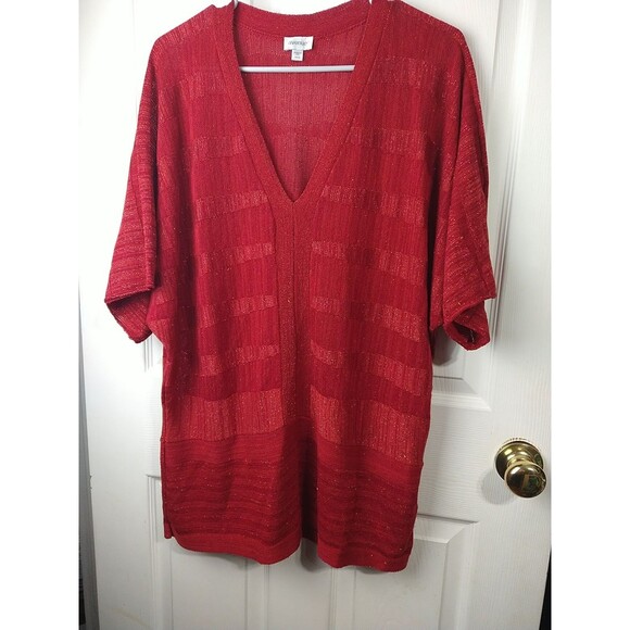 Avenue Woman Red Sweater SS Drop Shoulder Shimmer Striped V Neck Sparkle Tunic - Picture 2 of 9